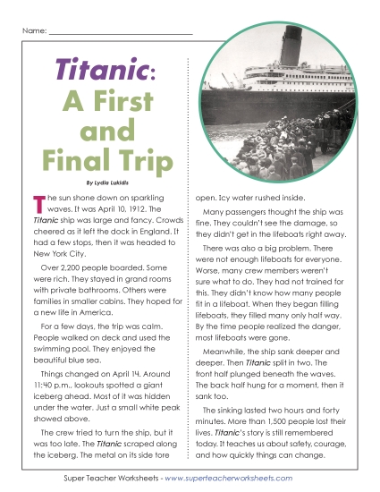New Titanic: A First and Final Trip Reading Comprehension Worksheet