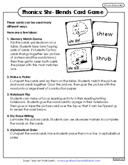 Phonics Card Game (Shr- Blends) Phonics Blends Worksheet