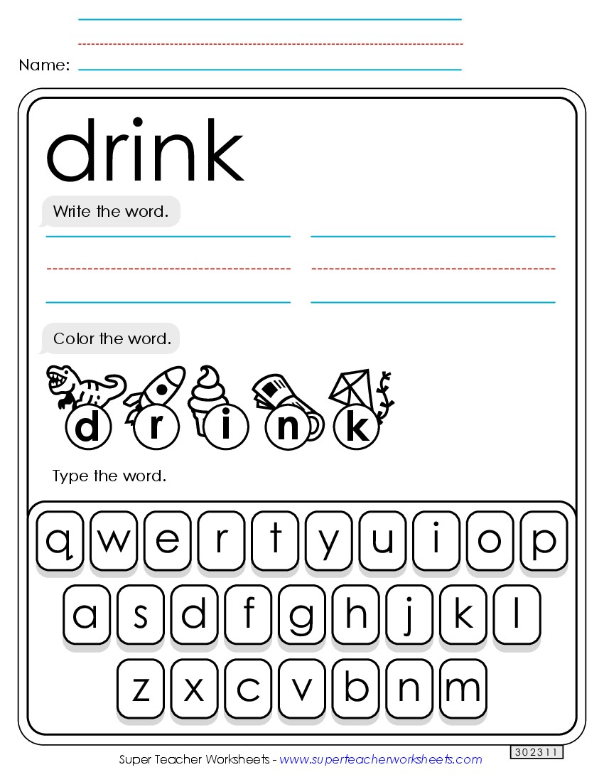 Write, Color, Type: Drink Sight Words Individual Worksheet