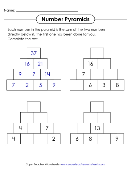 New Number Pyramids (4 Rows, Top Number Unknown) Worksheet New Number Pyramids (4 Rows, Top Number Unknown) Worksheet