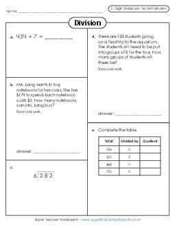 Variety Worksheet: 3-Digit Dividends (No Remainders) Free Division Worksheet