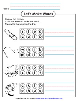 Color the Letters & Write (-ip) Word Families Worksheet