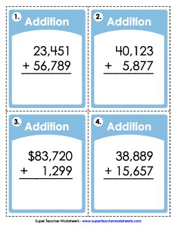 Task Cards: 5-Digit Addends Addition Worksheet