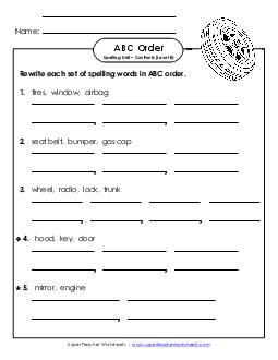 ABC Order - Word Sets (B-Car Parts)  Spelling B Worksheet