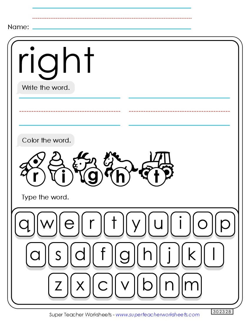 Write, Color, Type: Right Sight Words Individual Worksheet