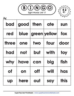 Sight Word Bingo (Unit 17) Sight Words Worksheet