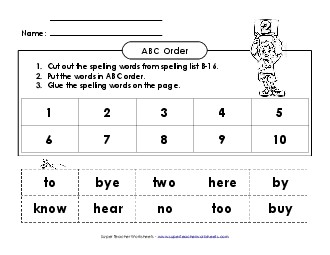 ABC Order: Cut and Glue (B-16)  Spelling B Worksheet