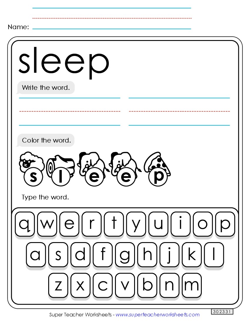 Write, Color, Type: Sleep Sight Words Individual Worksheet