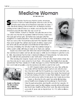 Susan La Flesche Picotte 5th Grade Reading Comprehension Worksheet