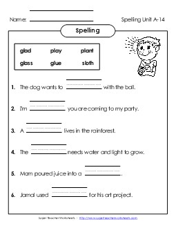 Complete the Sentences (A-14) Spelling A Worksheet