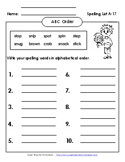 ABC Order: Write List (A-17) Spelling A Worksheet