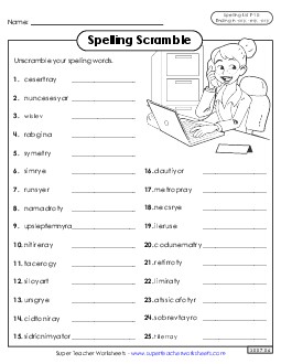 Word Scramble (F-10) Spelling F Worksheet