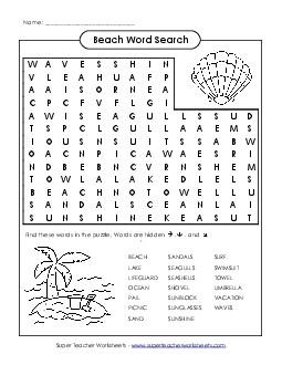 Word Search Puzzle - Beach Wordsearch Worksheet