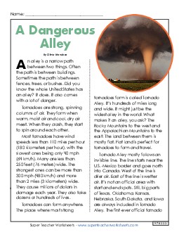 Tornado Alley (Article & Questions) 5th Grade Reading Comprehension 5th Grade Science Worksheet