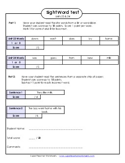 Biweekly Reading Test (Units 23 & 24)  Sight Words Worksheet