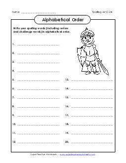 ABC Order: Write List (C-24) Spelling C Worksheet