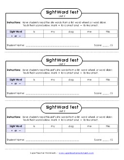 1-on-1 Reading Test (Unit 2) Free Sight Words Worksheet