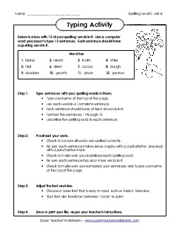 Typing Sentences (E-4) Spelling E Worksheet