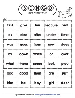 Sight Word Bingo (Unit 30) Sight Words Worksheet