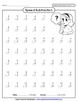 Speed Subtraction 0-10 (Version 3) Worksheet