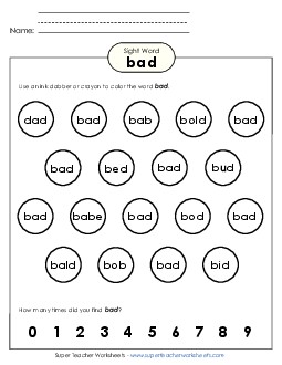 Dab or Color: Bad Sight Words Individual Worksheet