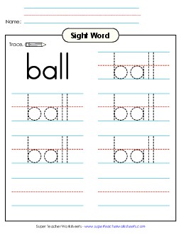 Trace the Word: Ball Sight Words Individual Worksheet