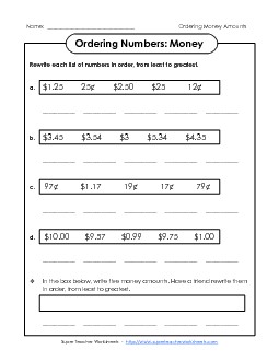 Ordering Numbers: Money Place Value Worksheet