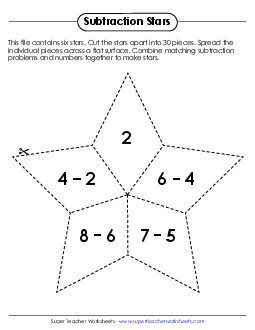 Subtraction Star Puzzles (Minuends 10 or Less) Worksheet