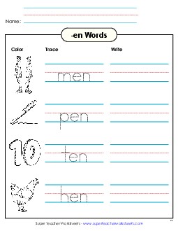 Trace and Write (-en) Word Families Worksheet