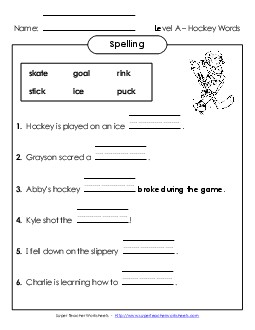 Complete the Sentences (A-Hockey Words) Spelling A Worksheet