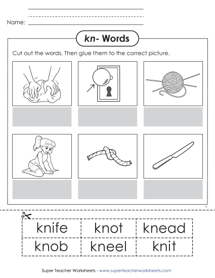 New Kn- Words: Picture Matching Cut & Glue Worksheet New Kn- Words: Picture Matching Cut & Glue Worksheet