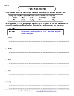 Sequence Words: Write Sentences Transition Words Worksheet