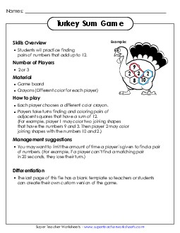 Turkey Sum Game Thanksgiving Worksheet