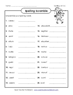 Unscramble the Spelling Words (D-6)  Spelling D Worksheet