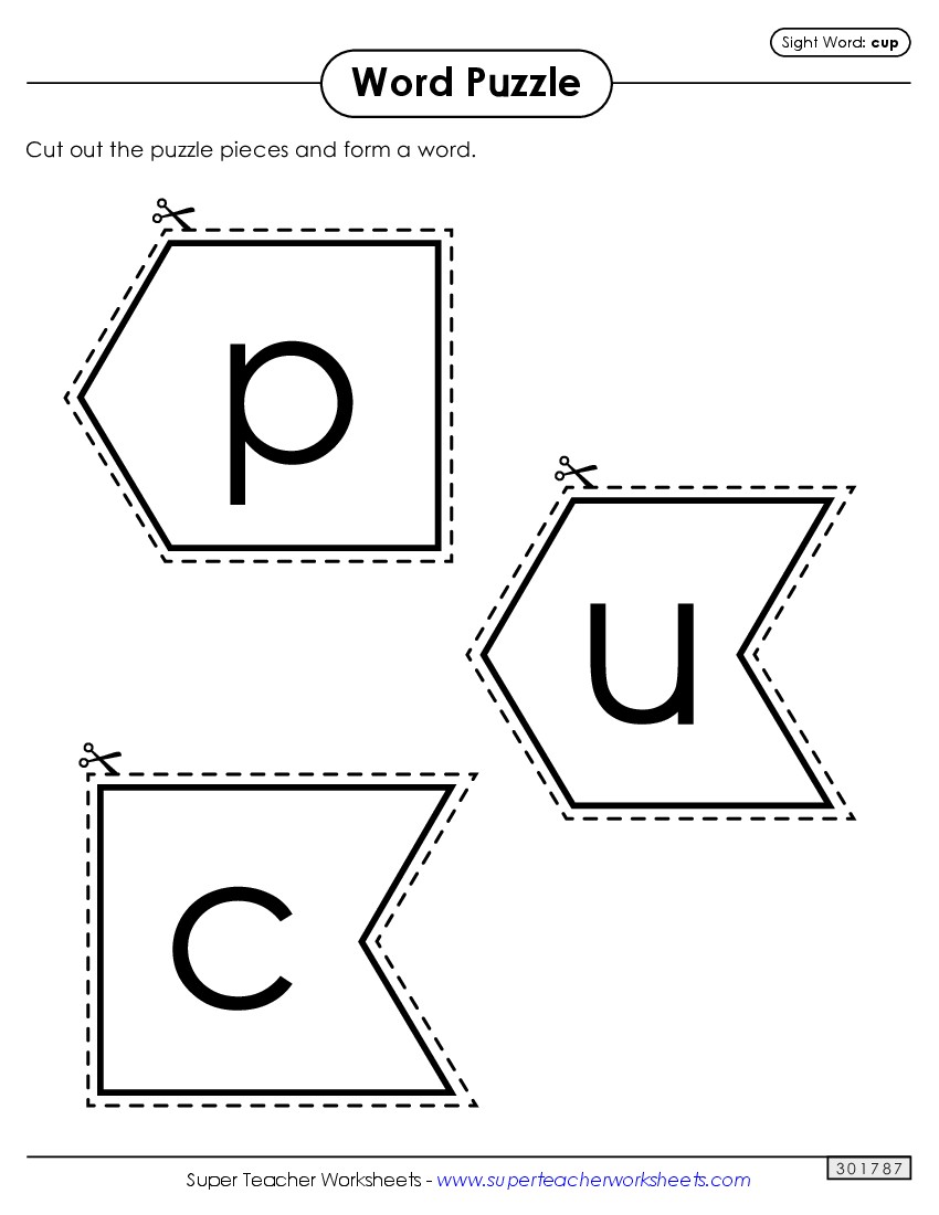 Word Puzzle: Cup Sight Words Individual Worksheet