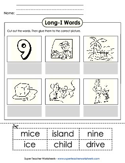 Cut-and-Glue (Long I Words) Phonics Long Short I Worksheet