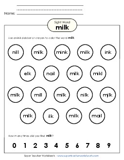 Dab or Color: Milk Sight Words Individual Worksheet