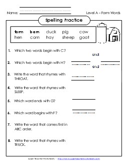 Spelling Practice (A-Farm Words)  Spelling A Worksheet