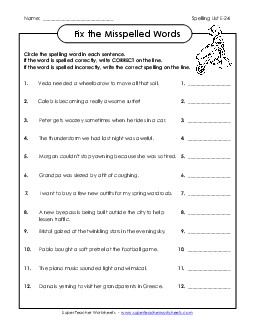 Fix the Misspelled Words (E-24) Spelling E Worksheet