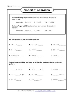 Properties of Division (Zero and One) Worksheet