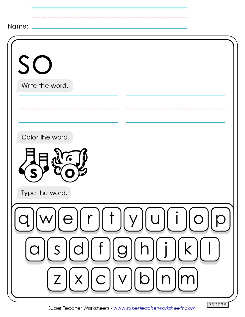 Write, Color, Type: So Sight Words Individual Worksheet