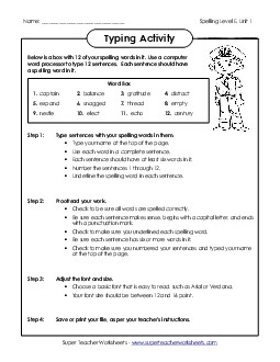 Typing Sentences (E-1) Free Spelling E Worksheet