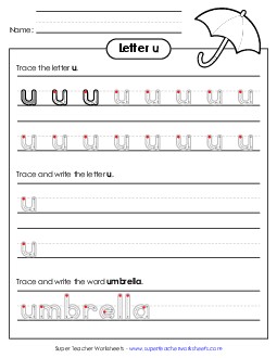 Lowercase u (Outlined Letters) Printing Handwriting Worksheet