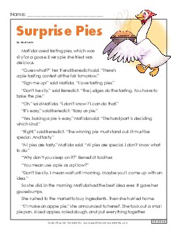 Surprise Pies - Grade 3 Fiction 3rd Grade Reading Comprehension 3rd Grade ELA Worksheet