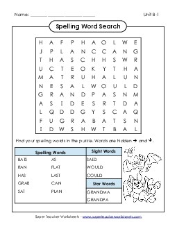 Word Search (B-1) Spelling B Worksheet