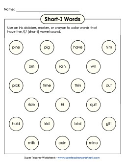 Dabber Activity (Short I Words) Phonics Long Short I Worksheet