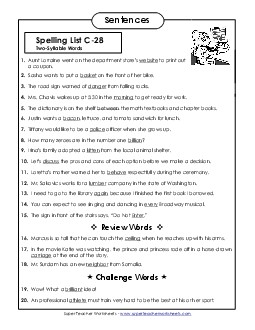 Spelling Test Sentences (C-28) Spelling C Worksheet