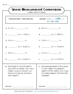 Advanced Conversions (Meters and Kilometers) Measurement Worksheet