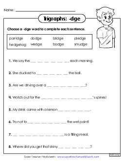 -dge Sentences Phonics Trigraphs Worksheet