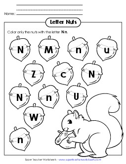 Letter N n Recognition - Nuts Alphabet Worksheet